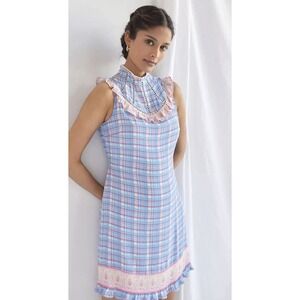 Plenty by‎ Tracy Reese Pink Blue Plaid Ruffle High Neck Mini Dress NWT FEMININE